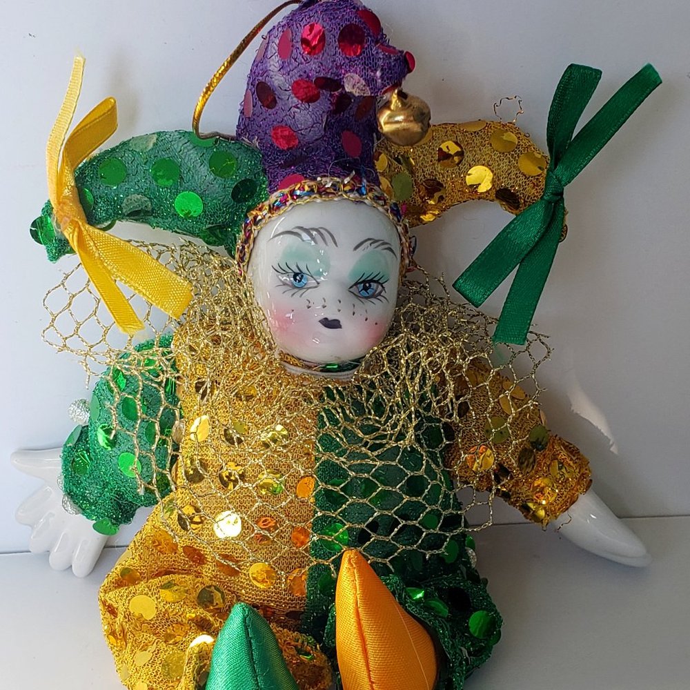 Clown Jester Mardi Gras ~ Porcelain Head Hand Painted~7" Long